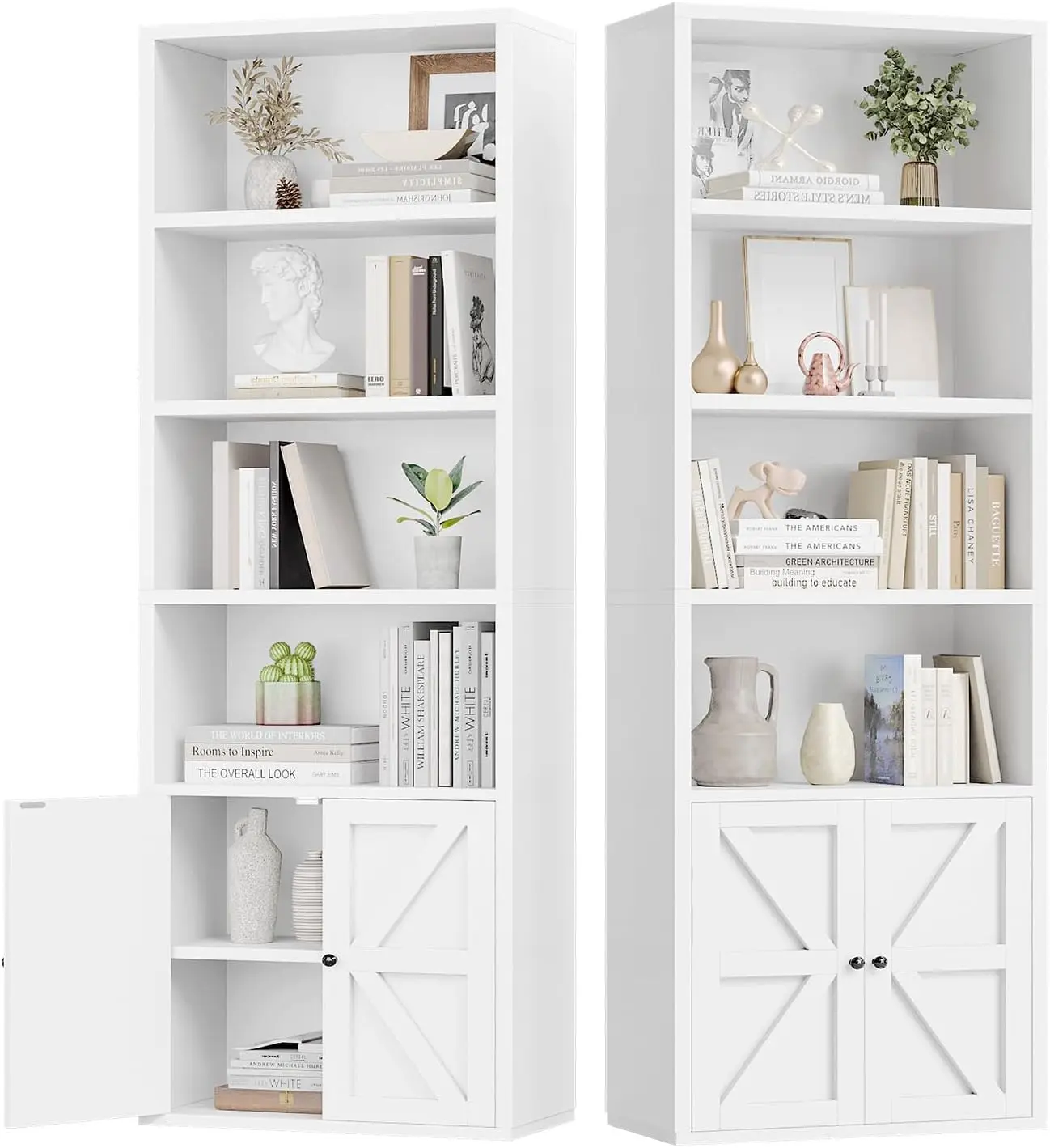 oneinmil 6 Tier Bookshelves and Bookcase with Doors Industrial Set of 2 Double Wide Floor Standing Book Shelf 71" Tall Display Shelves Bookshelf with Storage Cabinets for Living Room