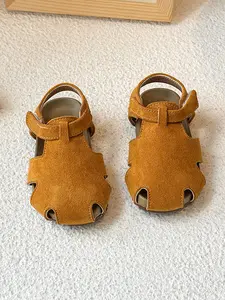 Velvet Open-Toe Sandals, Separated Toe Design, Velcro Closure, Retro Style, Unisex Casual Shoes for Kids