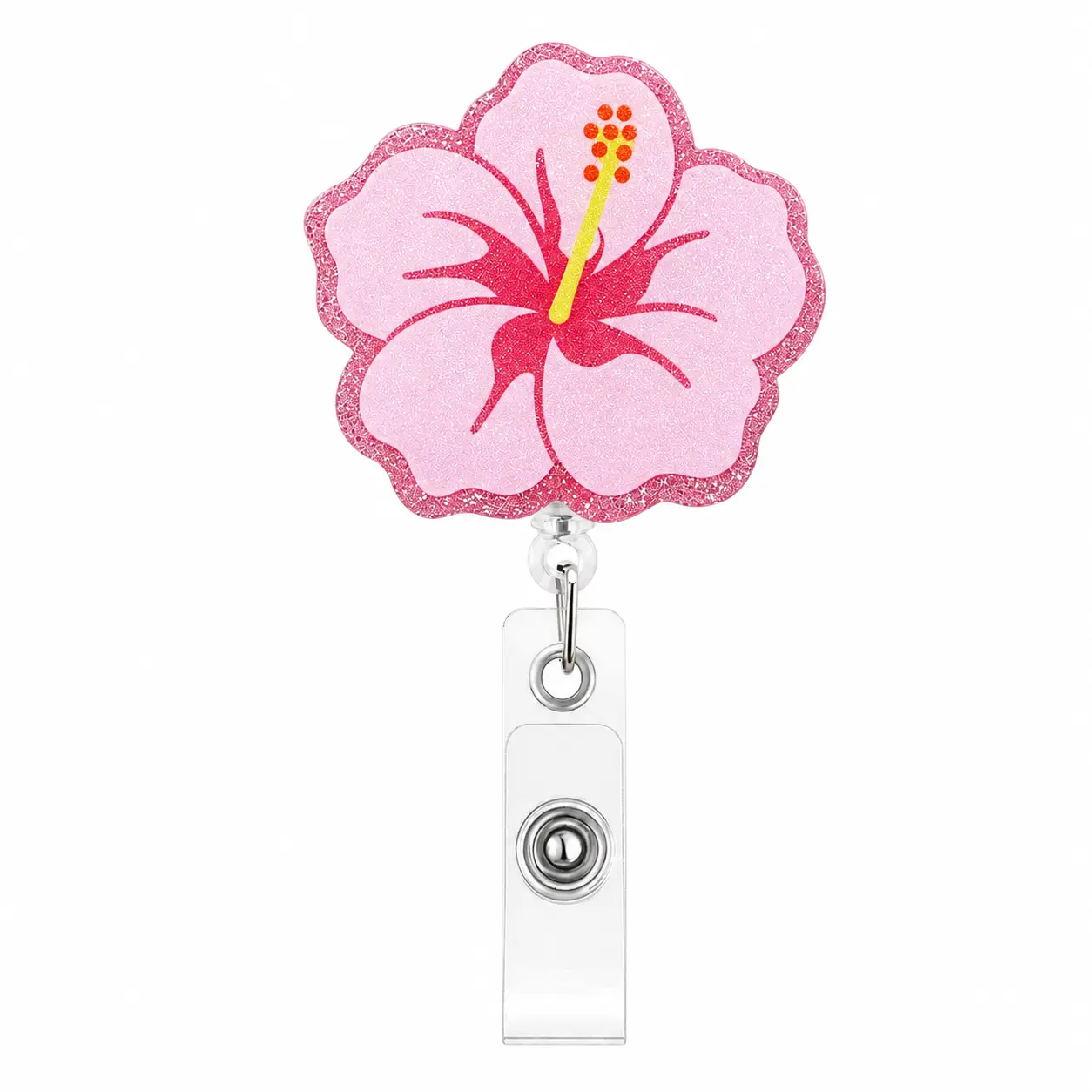 Cute Hibiscus Flower Badge Reel, Pink, Retractable ID Card Holder | Work Badge Clip for Pediatric ED ER RN CNA LPN MA PT OT Therapists HR Social Workers Nurses Doctor Teachers Nursing Student