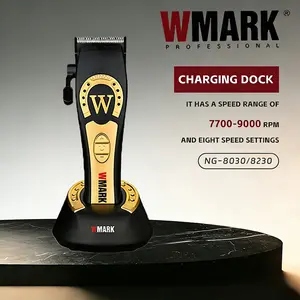 WMARK Professional Hair Trimmer Barber Dedicated Hair Clippers 9000 Rpm Ceramic Blade Electric Hair Cut Machine 8 gear RPM adjustment The outer packaging features the Akhal-Teke horse motif. The fuselage has a gold horseshoe mark.