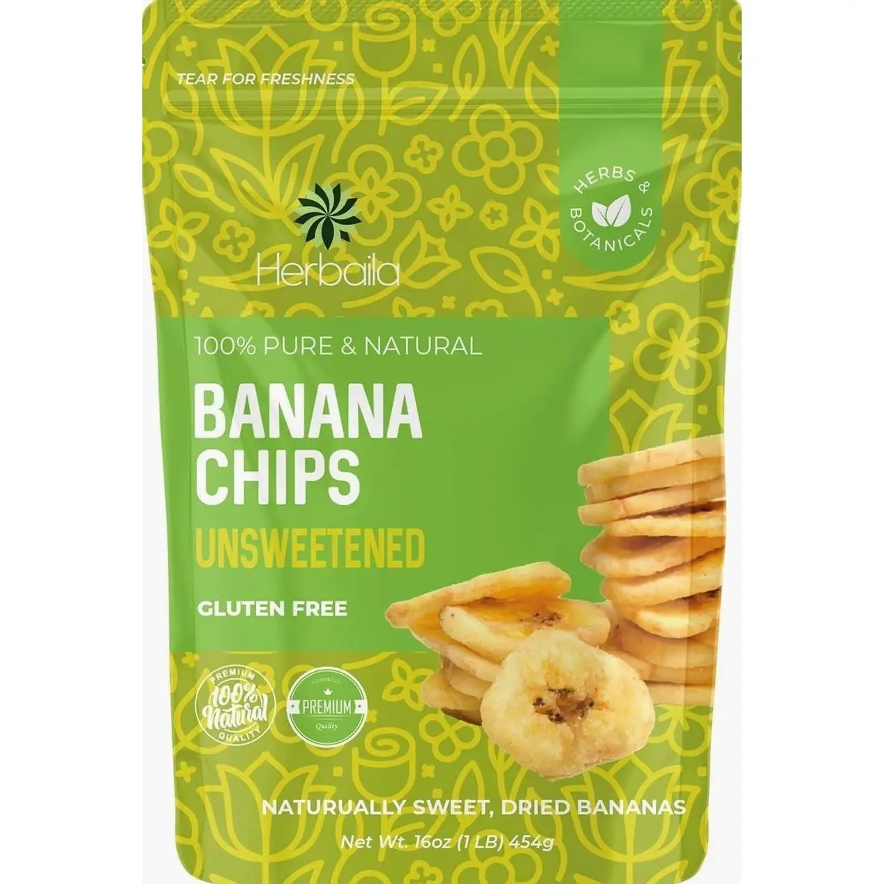 Herbaila Dried Banana Chips Unsweetened Bulk, 1 lb. Dried Bananas, Unsweetened Banana Chips, Dehydrated Bananas, Unsweetened Dried Banana slices, Banana Crisps. All Natural, Non-GMO, 16 oz.