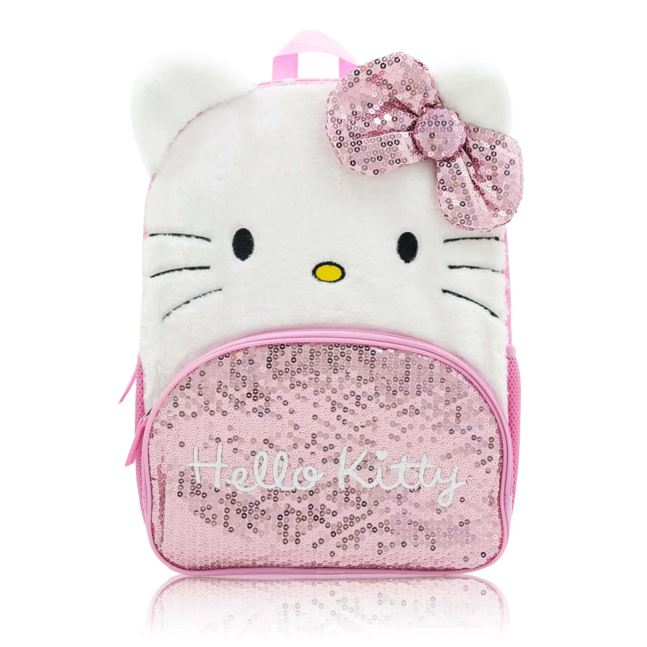 Fast Forward Hello Kitty Backpack for Girls | 16" Plush Bookbag with 3D Ears, Sequin Bow & Faux Fur Face | Pink Hello Kitty School Bag for Kids, Toddlers, Teens | Cute Travel Daypack for Girls Ages 3+
