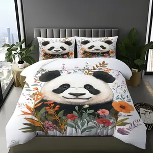 Watercolor Panda Floral Duvet Cover Set, Ultra-Soft Breathable Bedding Set with Vibrant Botanical Digital Print, Includes 1/2 Pillowcases - without Core, Aesthetic Bedroom Decor