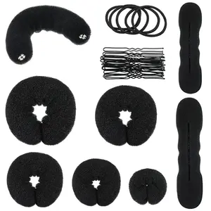 34 Pcs Donut Hair Bun Maker Set Includes Black Donut Bun Makers Small & Large Sponge Foam Hair Sponges Elastics Bands Hairpins for Hairstyle DIY Haircare Heatless