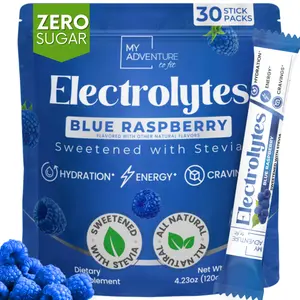 My Adventure to Fit Blue Raspberry Electrolytes Powder 30 Ct. Stick Pack - Zero Sugar - No Artificial Flavors, Colors or Sweeteners  - 2-8X More Potassium - No Salty Taste - Refreshing Hydration - Caffeine Free Energy - Vegan, Keto & Paleo