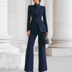 Elegant stand up collar waist pleated women's suit with deep blue intelligent contour, perfect for office commuting and formal social occasions, corporate fashion formal clothing, modern formal attireRAIMENTRY
