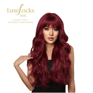Burgundy Red Long Wavy Wig with Bangs for Women 26 Inches Heat-Resistant Synthetic Soft Layered Curls Adjustable Rose Net Cap for Daily Party Look
