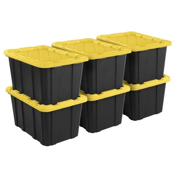 Sterilite Large 27-Gallon Durable Plastic Storage Bin with Snap-On Lid - Black and Yellow Home Organizer Storage Tote (6-Pack)