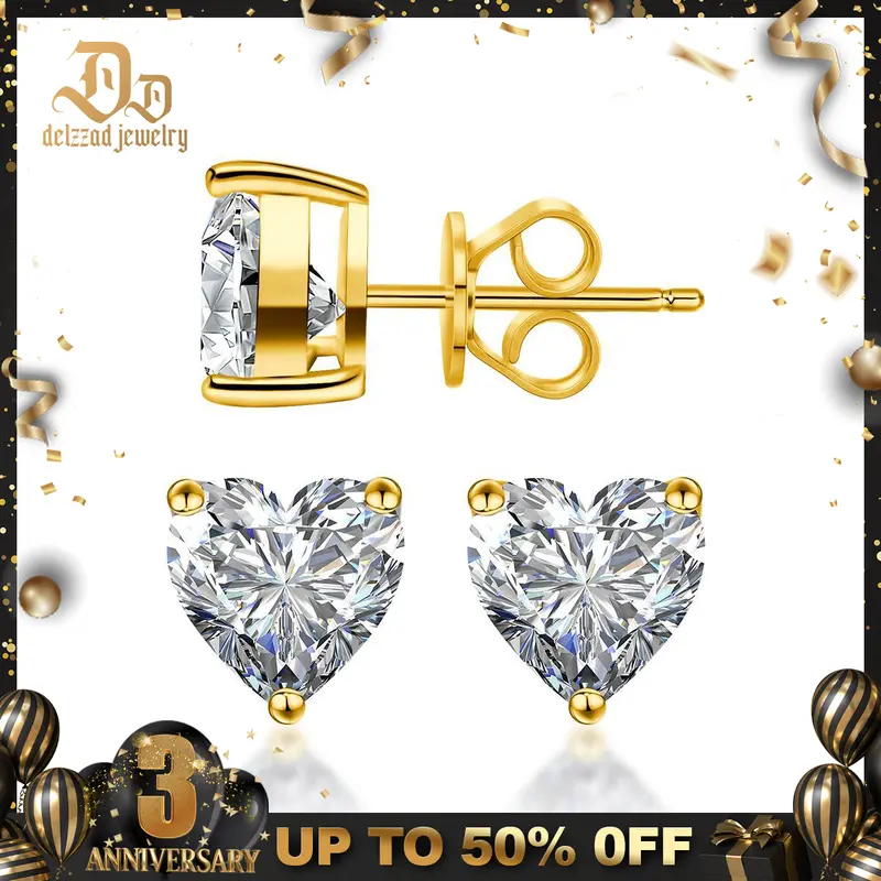 Delzzad S925 Heart Shape Earrings VVS Synthetic Moissanite Stud Earrings Jewelry Perfect Birthday Mother’s Day Christmas Gift for Men Women Silver Earrings Golden Earrings Wedding Set