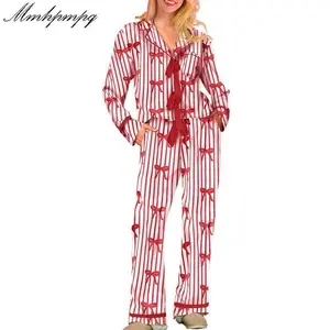 Women Pajamas Bow/Heart Print Tie Front Long Sleeve Tops and Long Pants Set Sleepwear Loungewear Womenswear Casual Check Pjs pj pants