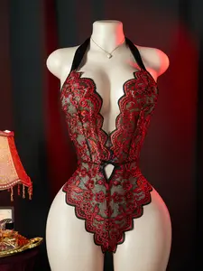 Women's Sexy Lace Up Bodysuit, Contrast Lace Design, Deep V Neck with Tie Belt, Romantic Comfortable Breathable Color Block Lingerie