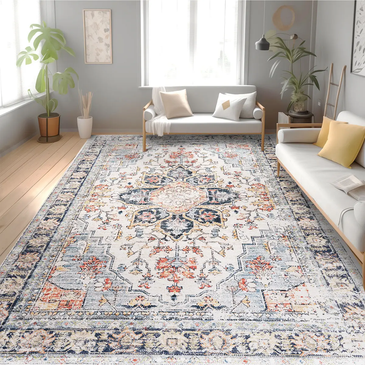 BESTSWEETIE Washable Rugs Vintage Area Rugs Boho Rugs for Living Room Carpet for Bedroom Living Room Kitchen Distressed Indoor No Pile Anti-skid Non-s