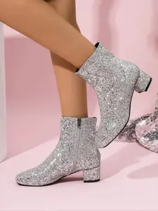 2026 Women's New Mid Heel Booties with Rhinestones, Sparkling Design, Comfortable Fit, Versatile Style for Daily Wear and Parties, Grip, Dress, Stiletto, Soft, Everyday, Supportive, Waterproof, Combat