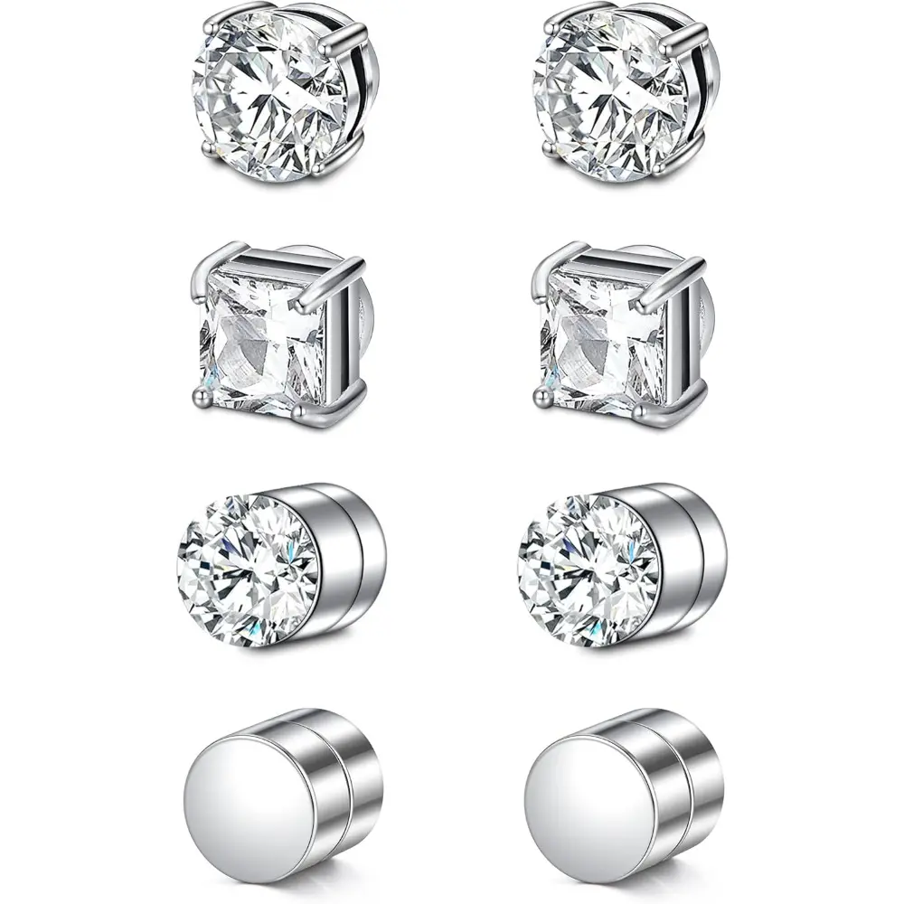 4 Pairs Stud Earrings Fake Cubic Zirconia Diamond Earrings for Women Men Silver summerwins