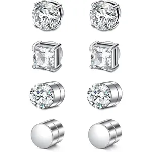 4 Pairs Stud Earrings Fake Cubic Zirconia Diamond Earrings for Women Men Silver