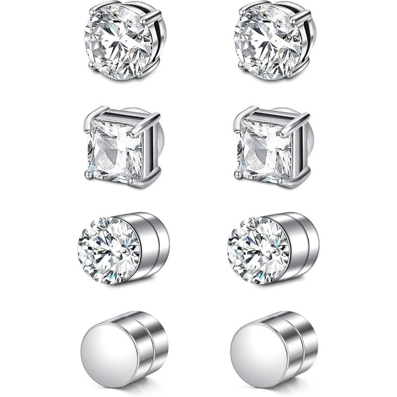 4 Pairs Stud Earrings Fake Cubic Zirconia Diamond Earrings for Women Men Silver