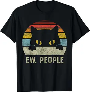 100% Cotton Ew People Retro Cat Funny Vintage Anti Social Introvert T-Shirt