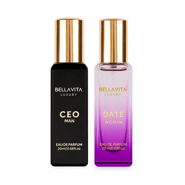 BellaVita Luxury Perfume Duo | Date – Pink Pepper, Red Fruit & Jasmine | CEO Man – Lemon, Lavender, Tonka & Agarwood | 20ml Mini Eau De Parfum Each | Long Lasting Perfumes for Men & Women | Portable, Vegan & Cruelty Free Floral Fruity Woody Edp Fragrance
