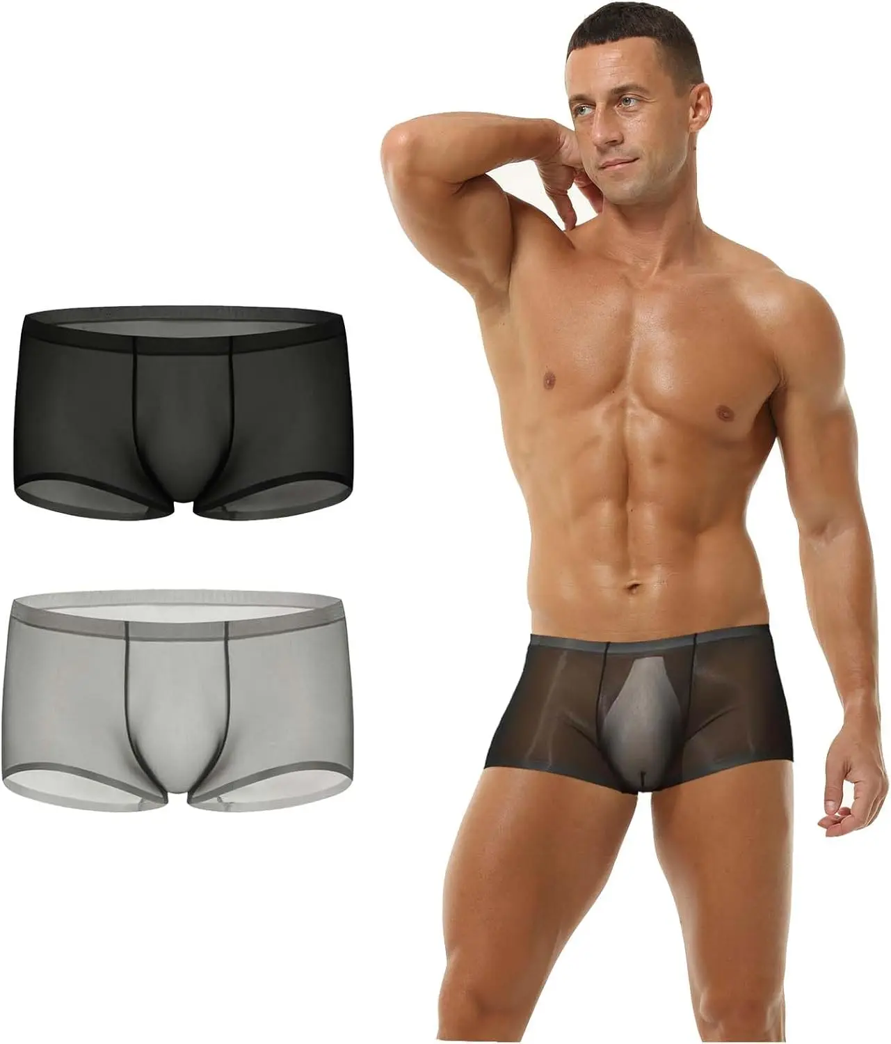 Men's See-Through Ice Silk Boxers Shorts - Ultra-Thin, Seamless, Sheer Mesh Underwear with Bulge Pouch, Figure-Enhancing Graphic Design, Lace Accents, Cotton-Blend Fabric, Machine Washable