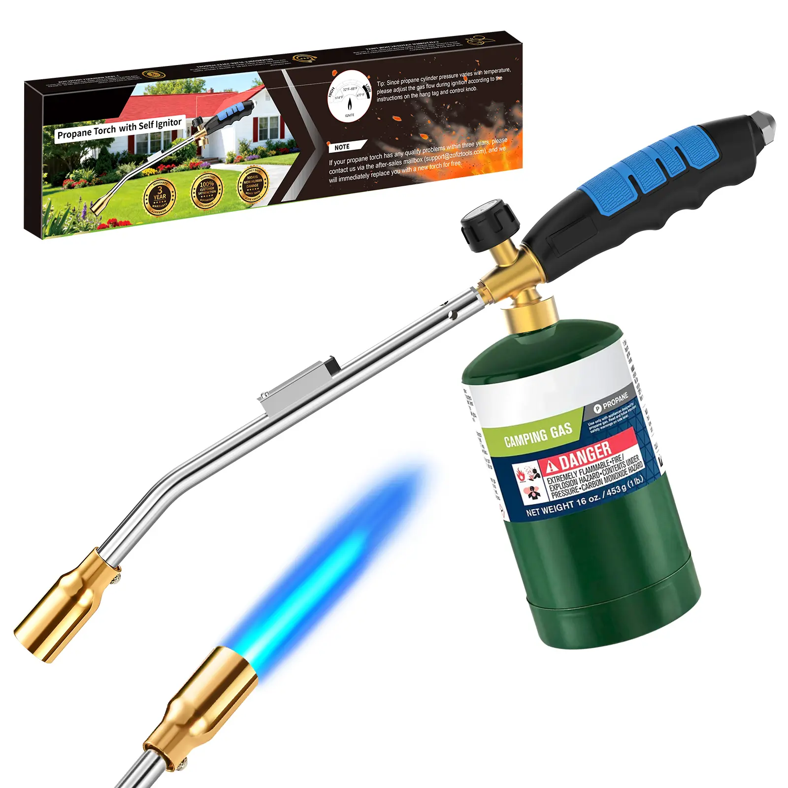 Grill Torch Charcoal Starter with Self Igniting with Ergonomic Rubber Handle Propane Butane Torch for Charcoal Starter BBQ(Fuel Cylinder Not Included)