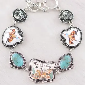 Western Cowboy Bracelet with Toggle Closure 7.4 to 8 Inches Length Featuring Turquoise accents and Horse Design