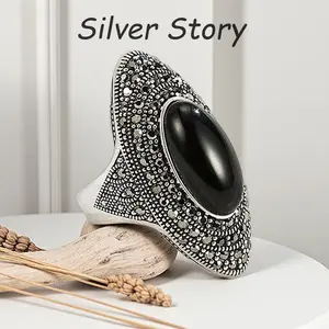 925 Sterling Silver Obsidian Ring, Vintage Gothic Witch Statement Ring, Handmade Filigree Black Onyx Silver Ring, Dark Aesthetic Jewelry for Women Men, Protection Amulet, Witchy Gift for Her