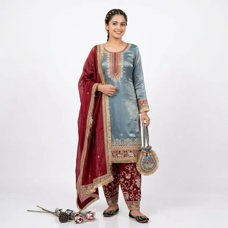 Women's Traditional Indian Punjabi Suit Set - Embroidered Maroon & Blue Kurta with Matching Purse, Original Lady's Festive Wear Clothes, Festive Set, Kurta Suit