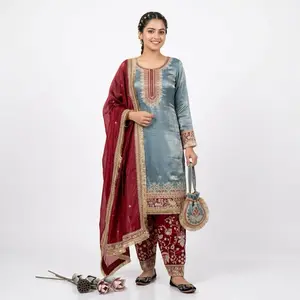 Indian Panjabi Suit with Matching Purse Like Dress G - Embroidered Maroon & Blue Kurta Set for Festive Wear