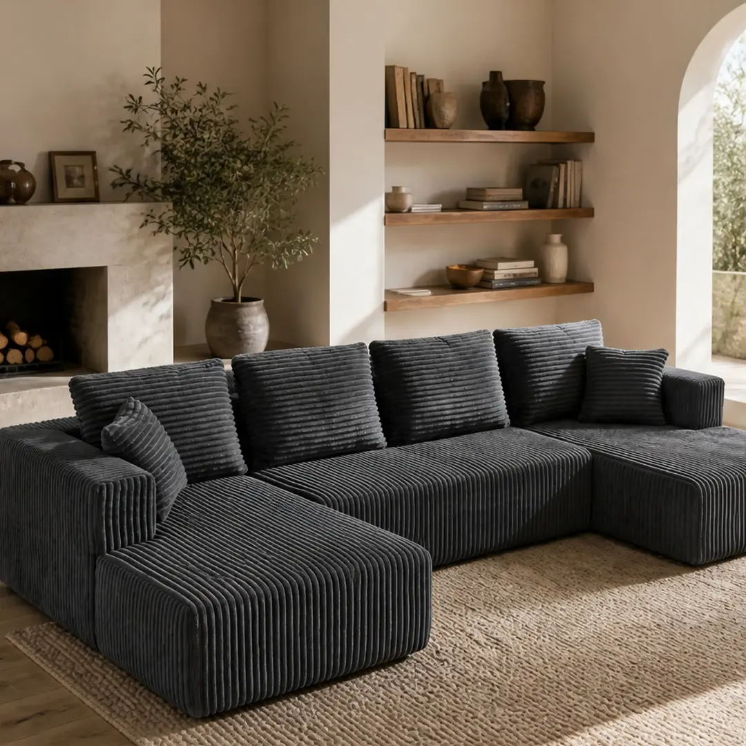 132.1 in Modular U-Shaped Convertible Corduroy Fabric Sofa - 4-Seat Modern Customizable Sectional Couch, Double Chaise, Oversized Deep Seat Cloud Design, Foam Filled, No Assembly, 72h Full Expand, Gray Living Room Sofa