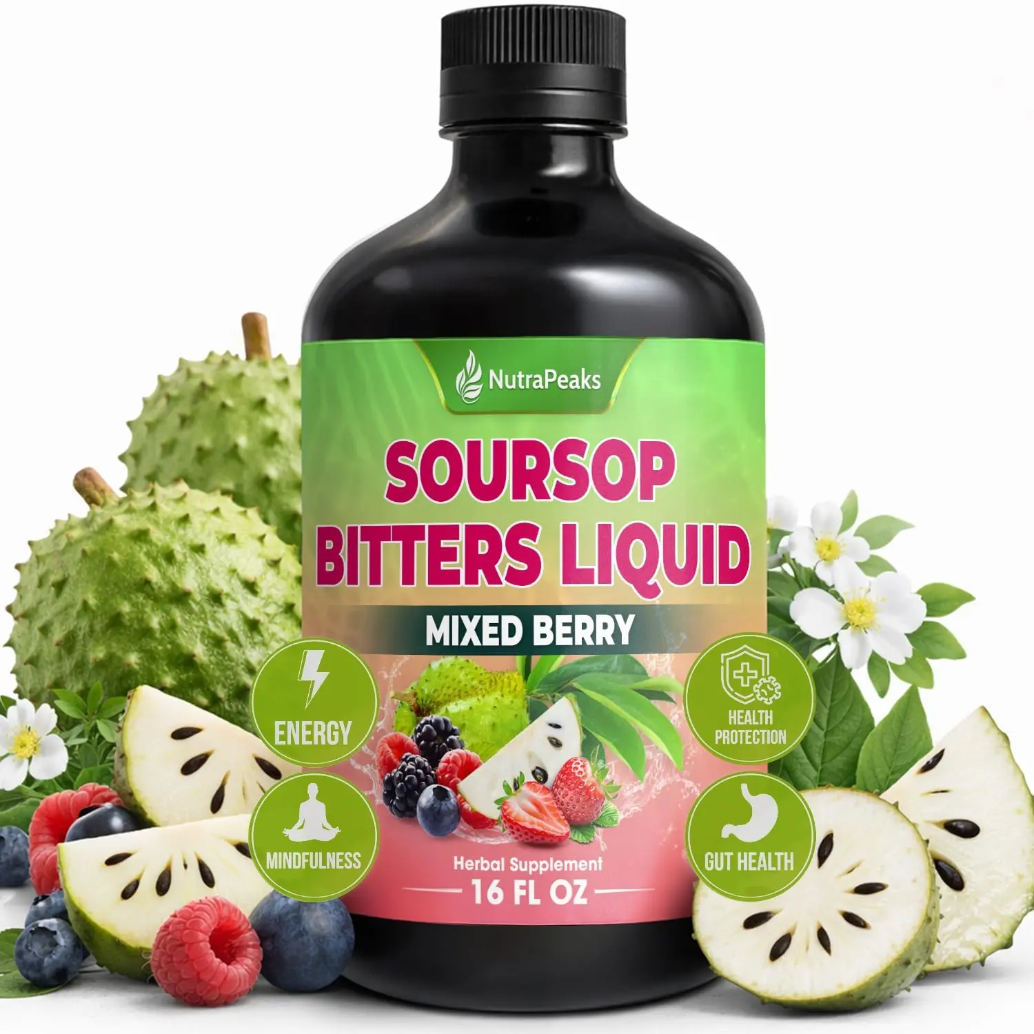 Soursop Bitters Liquid – Herbal Detox Formula with Soursop, Ginger, Turmeric & Black Seed Mixed Berry Flavor – Supports Digestive Balance & Immune Wellness – 16 fl oz