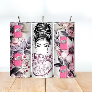 Dr. Pepper Themed "Just a Girl Who Loves" Classic Style Tumbler with Floral Elements - Washable, Reusable, Stylish, Portable Drinkware, Kitchenware Water Bottle Flask Mug, Water Bottles
