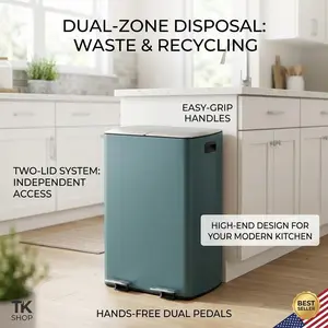 Garvee 60L Dual Compartment Stainless Steel Kitchen Trash Can - Soft-Close Lid - Odor Control - Hands-Free Foot Pedal - Ideal for Home Office Recycling and Waste Separation