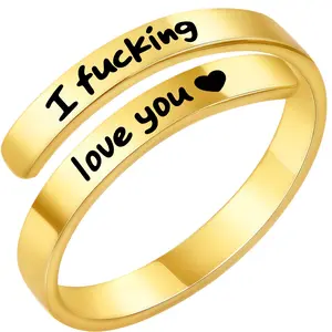 Stainless Steel Open Adjustable Promise Rings, Vintage Spiral Twist Wrap Design with Engraved Heart, I Fcking Love You Inspirational Ring for Women Men Wife Girlfriend corsage prom