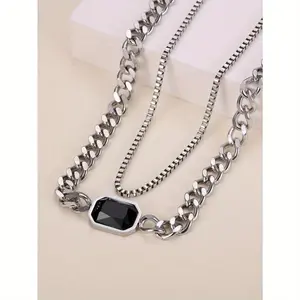 Hip Hop Street Style Double-layer Stainless Steel Necklace, Cuban Chain and Box Chain Stacked Design, Inlaid with Black Synthetic Zircon, Unique Texture, Unisex Trendy Accessory