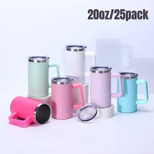 Crafix 25pcs Candy Colored Sublimation Blank 20oz Stainless Steel Reusable Tumbler Mug with Plastic Handle, Lid, Straw, Customizable Personalizable Straw Tumbler Mug, Ideal for Xmas Gifts, Outdoor Use,summerwins