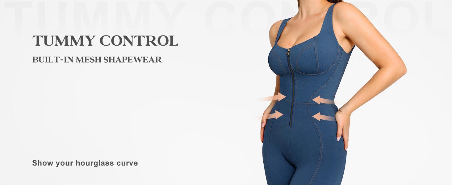 BRXL Faux Denim Jumpsuit for Women - Built-in Shapewear Tummy Control Bodycon Romper with Flared Legs & Bronze Zipper - Casual Fashion Bodysuit#Summervibes #beachoutfit, Lady
