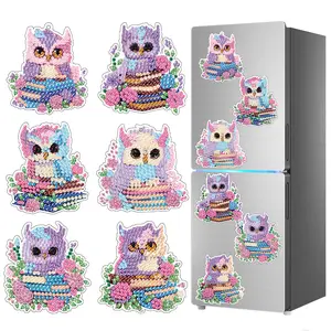6-piece DIY diamond painting refrigerator magnet, owl 5D diamond art magnetic ornament, handmade art decorative sticker, comes with magnetic backing, comes with tool kit, DIY kit suitable for adults.