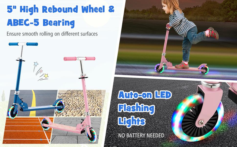 [Costway]- Folding Kick Scooter, 2 Light Up Flashing Wheels Scooter W/ 3 Adjustable Heights, Rear Brake System, Portable Aluminum Alloy-Springtok