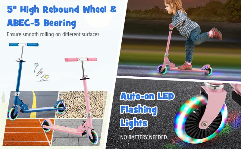 [Costway]- Folding Kick Scooter, 2 Light Up Flashing Wheels Scooter W/ 3 Adjustable Heights, Rear Brake System, Portable Aluminum Alloy-Springtok