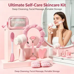 8-piece beauty tool set with packaging, including a roller massager, a gua sha board, a silicone facial mask brush, a velvet headband, and a 3D face brush. A professional facial massage and facial care set, facial care tools
