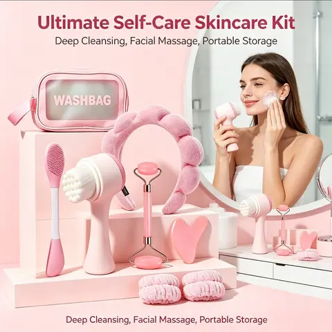 Professional 8-Piece Washable Beauty Skincare Tool Gift Set with Packaging - Portable At-Home Self Care Kit for Adults, All, Gifts for Women; Includes Roller Massager, Gua Sha Board, Silicone Facial Mask Brush, Velvet Headbands, 3D Face Brush (Upgraded)
