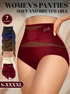 7-Pack Cross High-Waist Women's Underwear, Soft Breathable, Shapewear, Multi-Color Design, Mesh Fabric, Sizes S-Xxxxl, All Seasons