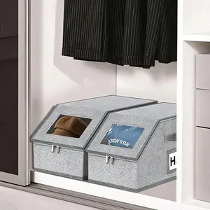 2 Pack Hat Organizer for Baseball Caps - Dustproof Lid, Large Fabric Boxes with Clear Window, Stackable & No Assembly Needed, Keeps Cap Shape, Ideal for Men's Closet Shelves