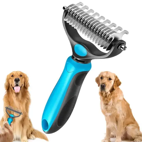 Double-Sided Pet Deshedding Brush - Hurtless Undercoat Rake Comb for Dogs, Cats, Reduces Shedding, Flying Hair