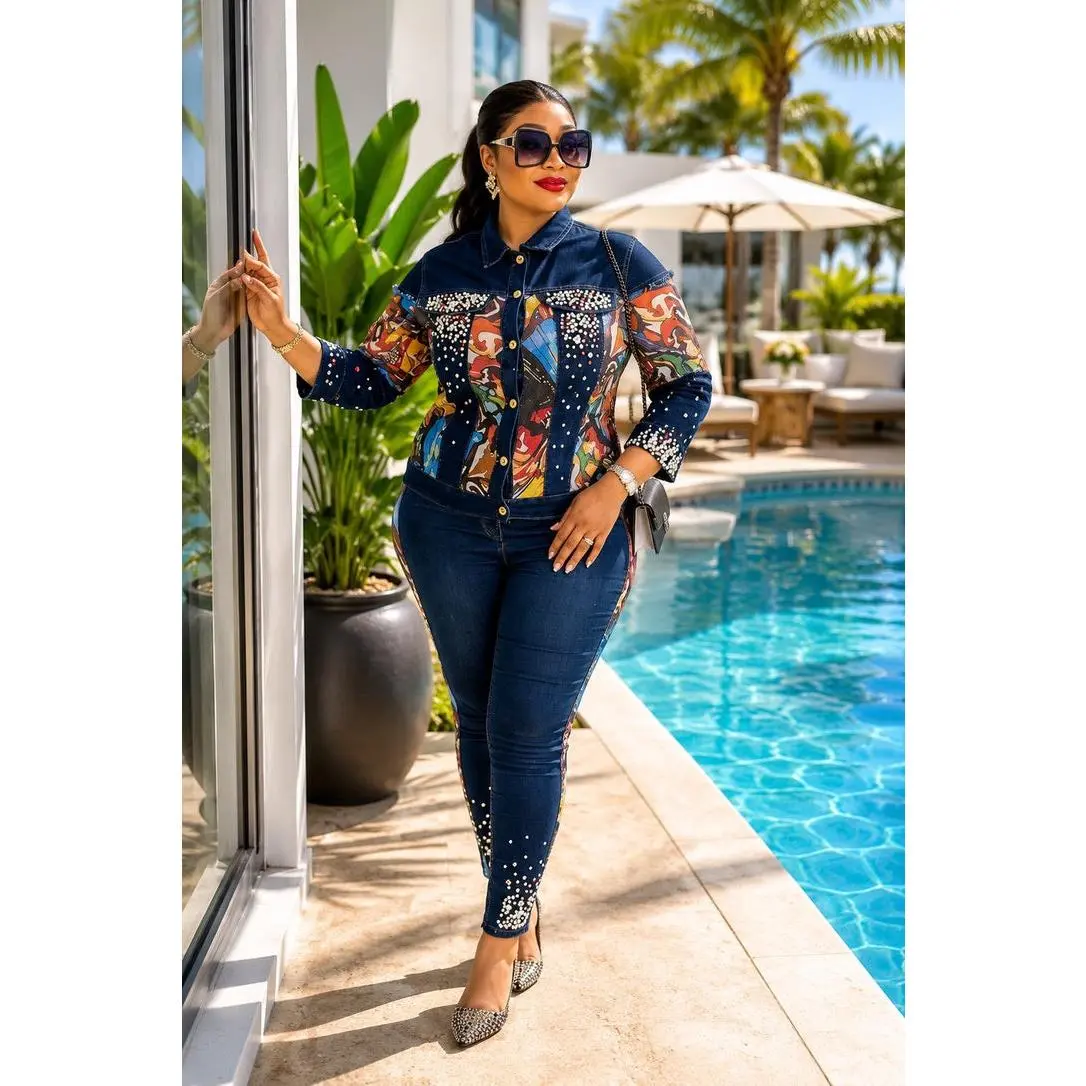 "Best Dressed" Blue Denim & Diamonds Birthday Party Outfit 2-Piece Matching Top & Pants Stretch Jeans Women's Plus Size