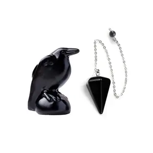 2pcs Carved Obsidian Crow Figurine and Pendulum Combo, Non-Toxic Synthetic Crystal, Yoga Room Decor, Festive Gift for Easter & Halloween
