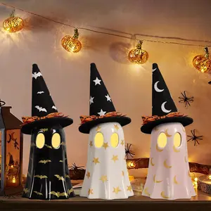 Set of 3 Ceramic Ghosts with Witch Hats