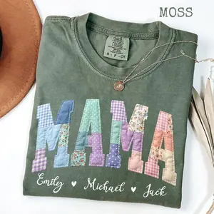 Comfort Colors PRINTED Custom Mama Faux Patchwork TShirt With Kids Names, Custom Floral Mom TShirt, Mothers Day Gift Tee For Mama, Gift For Mom
