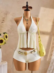 Rhinestone Floral Halter Tankini Set – Vacation Beach Swimwear ✨