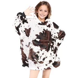 Kids Cow Print Wearable Blanket Hoodie Warm Cozy Hooded Sweatshirt Blanket with Giant Pocket Great Birthday Gifts for 6-10 Year Old Girls Boys